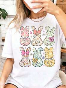 Camiseta Elegante para Mujer con Estampado Floral, Cuello Redondo, Manga Corta, Blanca con Flores Azules, Versátil y Casual para Todas las Temporadas, 100% Algodón - Blanco 3 - Ver 1