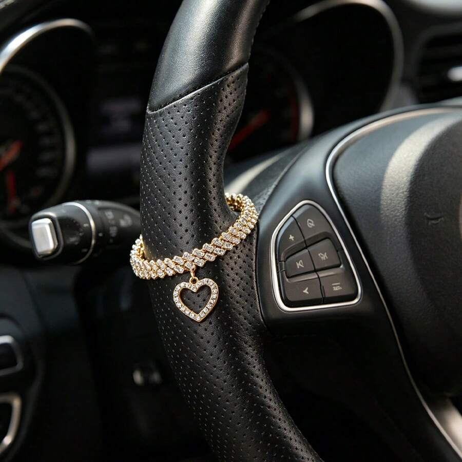 Diamond Hollow Heart Pendant Steering Wheel Decor Chain, Shiny Rhinestone Car Interior Luxury Accessory, Universal Steering Wheel Decoration Strip - Openwork Heart Bracelet - View 1