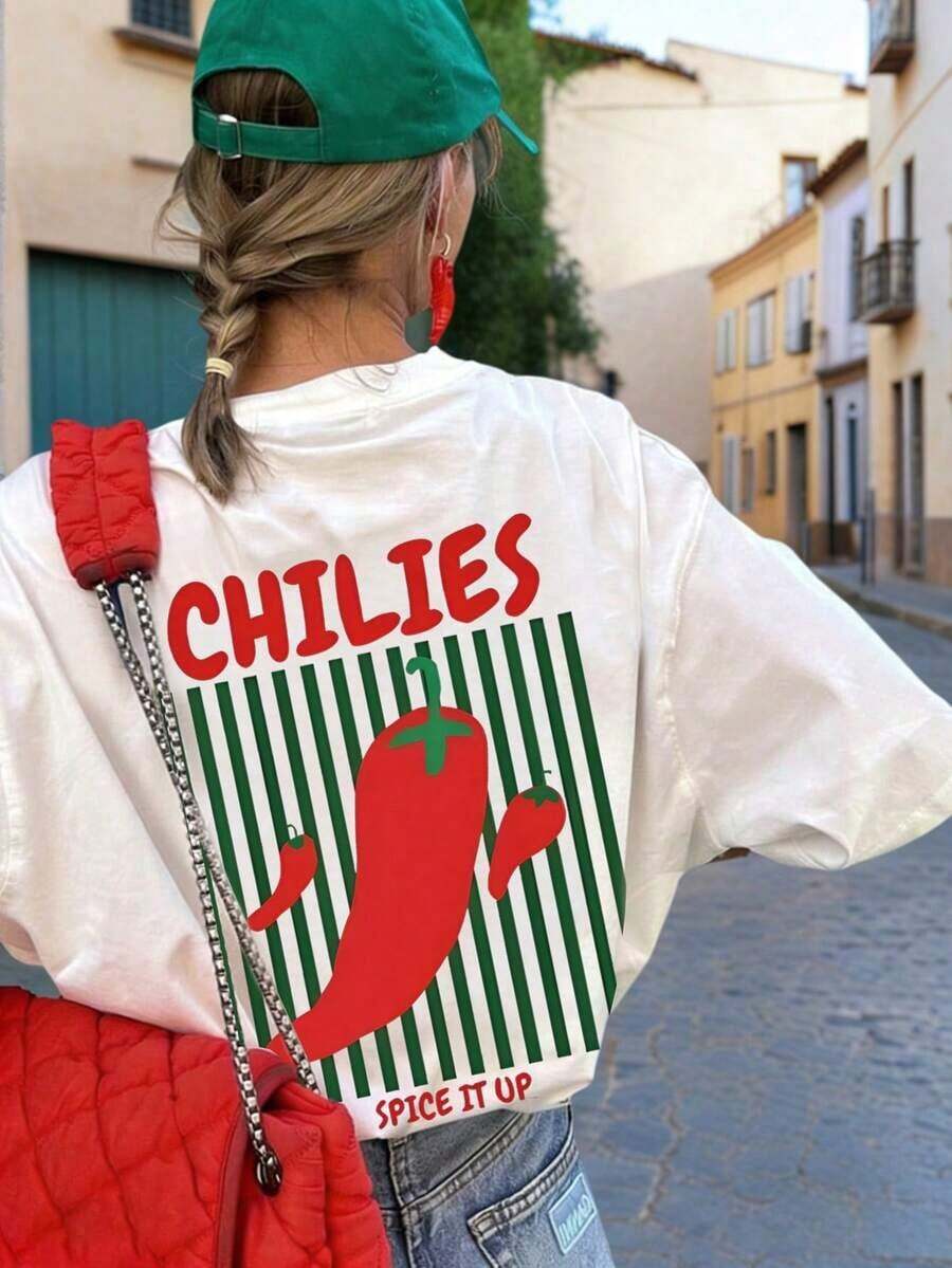 Nueva camiseta de verano casual con estampado de pimiento picante, cuello redondo, manga corta blanca, top versátil y de moda para mujer Ropa deportiva estilo Y2K, cuello redondo, 100% algodón, tejido suave, manga corta. - Blanco - Ver 1
