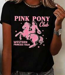 Camiseta de Mujer Pink Pony, Cuello Redondo, 100% Algodón, Ropa de Primavera para Mujer, Atuendo para Conciertos, Camiseta de Mujer - Negro - Ver 6