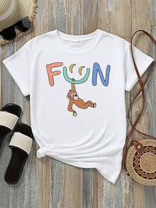 Camiseta de mujer de corte holgado, opciones de color y blanco, diseño gráfico de mono divertido, estampado de animal de dibujos animados, diseño de letras, top casual de verano, estilo de ropa urbana moderna, tela de mezcla de algodón cómoda, perfecta para uso diario, salidas de vacaciones, actividades en la playa, fiestas de festivales, material ligero y transpirable, pieza de declaración de moda para mujeres, camisetas de verano, tops gráficos, conjuntos de verano para mujeres, camisetas gráficas, tops cortos para mujeres, tops para mujeres, ropa vintage de algodón, ropa linda de mujer, atuendo de Navidad, vestidos elegantes de mujerSuitable for spring, summer and autumn - Blanco - Ver 2
