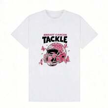 Ropa de verano para mujer, camiseta de algodón suave y casual con cuello redondo, estampado de leopardo rosa, estampado de casco de fútbol, estampado de mariposa, estampado de letras sobre cáncer de mama. Color. Adecuado para primavera, verano y otoño - Blanco - Ver 2