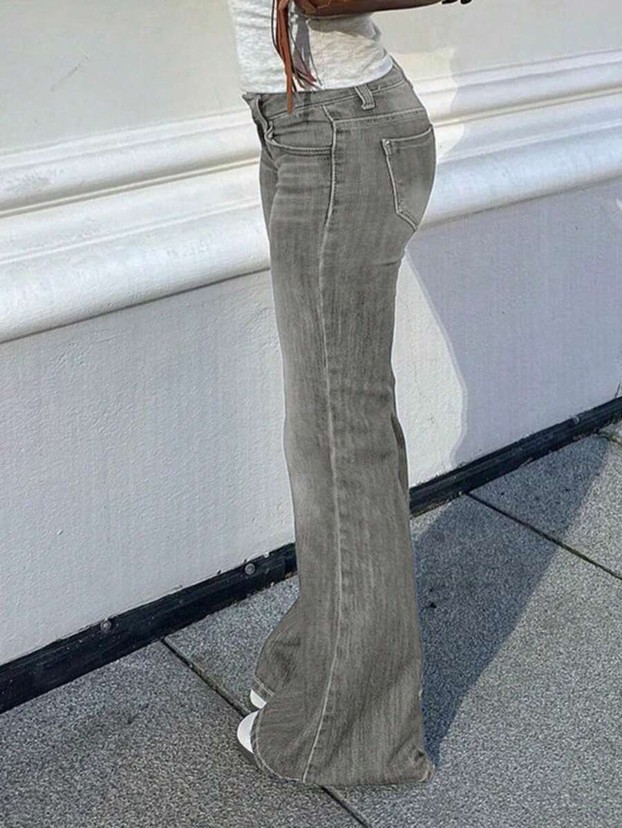 美式辣妹風彈性舒適低腰前扣性感水洗素色女款口袋牛仔褲 - 深灰色 - 查看 1