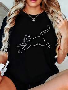 Ropa de invierno para mujer, ligera y transpirable, de una sola pieza y corte holgado - Corte holgado, adecuado para camisetas casuales de mujer con diseños de arte de gatos, perfecto para el Día Nacional del Gato, cuello redondo, mangas cortas, top casual y elegante, patrones divertidos, ropa elegante para fiestas, regalo navideño, ropa de uso diario, ropa para el hogar, conjuntos combinables para primavera y otoño. - Negro - Ver 7