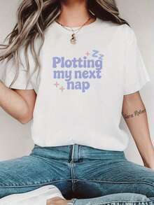 Camiseta Casual Blanca para Mujer con Letras Moradas y Estampado de Estrellas Rosas - Manga Corta, Cuello Redondo, Mezcla Ligera de Poliéster para Primavera y Verano, Camisetas para Damasblusas para mujer>ropa - Blanco - Ver 6