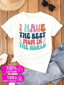 1 pieza de camiseta para mujer "La Mejor Mamá" - Camiseta de manga corta y cuello redondo, 100% cómoda y elástica, con la impresión "La Mejor Mamá", lavable a máquina, casual, adecuada para todas las estaciones, regalo para el Día de la Madre, se puede usar durante todo el año, 180g de algodón 100%. - Blanco - Ver 2