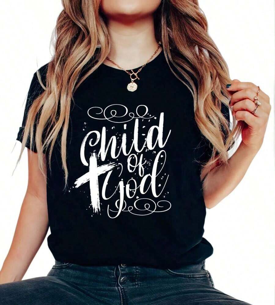 High-Quality Plus Size T-Shirts, Women's "Child Of God Sparkle" Print T-Shirts, Cotton T-Shirts, Crew Neck, Pure Cotton White T-Shirts, Versatile Unisex Items, Crew Neck, 100% Cotton, Soft Fabric, Short Sleeve - 黑色 - 查看 1