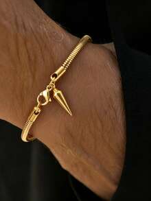 MECYLIFE 1pc Men's High-Quality Water Drop Pendant Bracelet, 3MM Stainless Steel Round Snake Chain, Minimalist Premium Stainless Steel Snake Bone Chain - Gold - View 1
