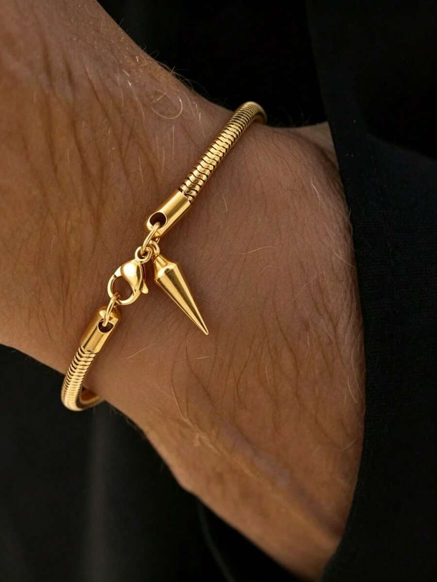 MECYLIFE 1pc Men's High-Quality Water Drop Pendant Bracelet, 3MM Stainless Steel Round Snake Chain, Minimalist Premium Stainless Steel Snake Bone Chain - Gold - View 1