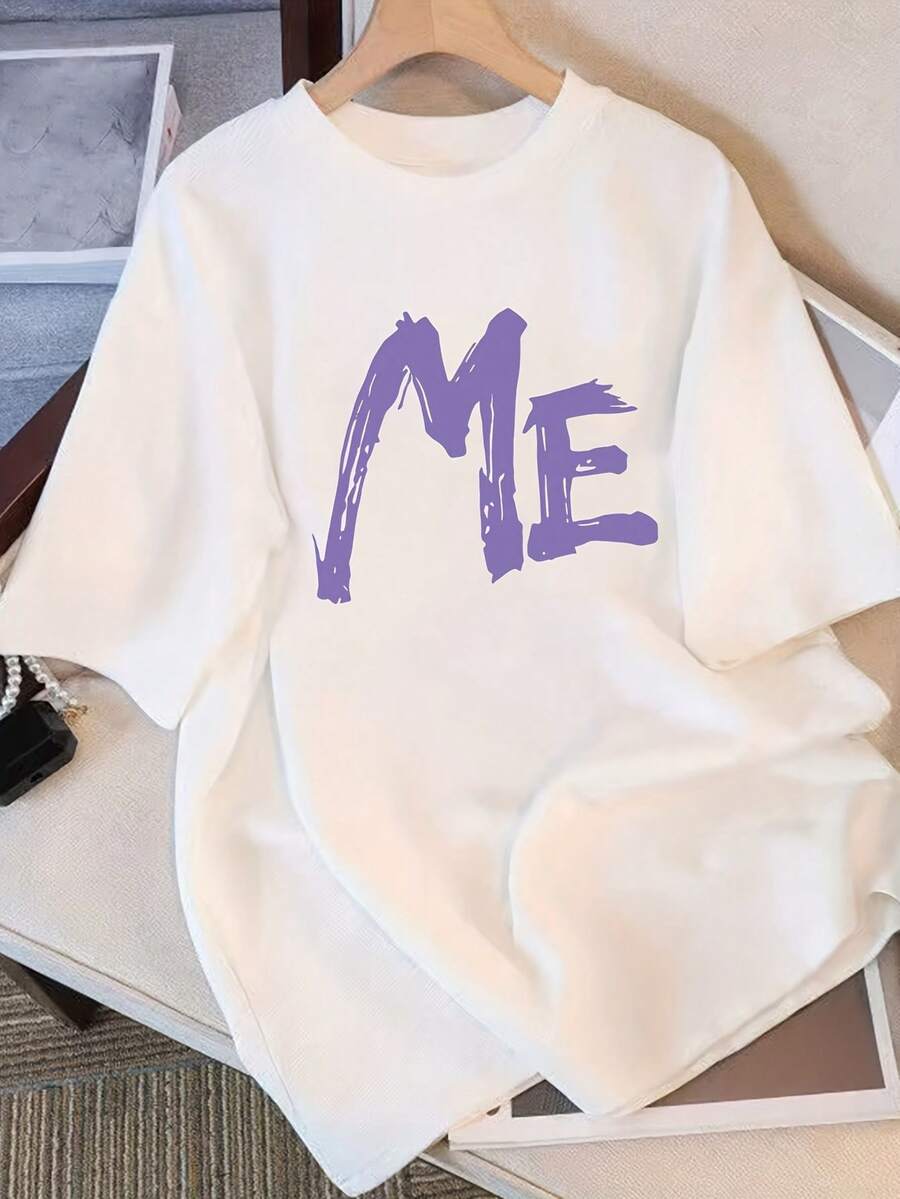Women's Pure Cotton Short Sleeve T-Shirt - Personalized Geometric "ME" Print In Black And Purple, Loose Fit Crew Neck Casual Top, Machine Washable For All Seasons Comfort, Fashionable Printed T-Shirt, Comfortable Slim Fit Design - Unisex Loose Fit Cotton Short Sleeve T-Shirt, Urban Vintage Style With Crew Neck. - 白色 - 查看 1
