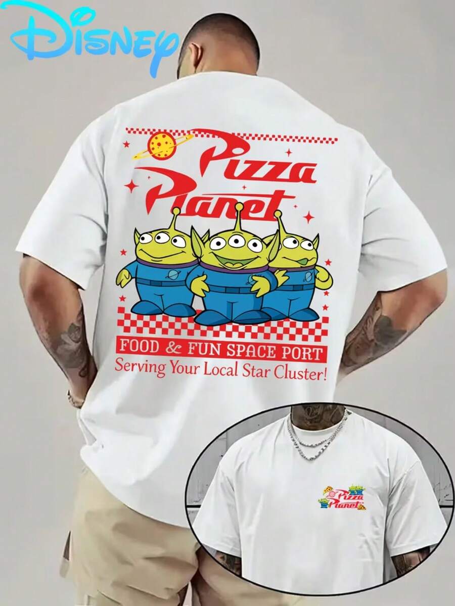 Disney Authorized Men's T-Shirt Toy Story Alien Pizza Planet Printed T-Shirt American Retro Cartoon Short Sleeves-Fun Pattern Multicolor Optional Spring And Summer Men's T-Shirt, Everyday Versatile, Machine Washable, And Can Be Worn In Spring And Summer. - White - View 1