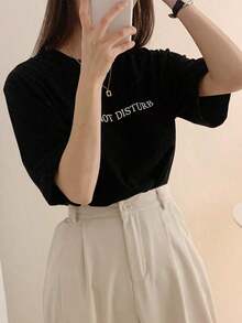 Camiseta holgada de mujer con estampado de letras para el verano Ropa deportiva estilo Y2K, cuello redondo, 100% algodón, tejido suave, manga corta. - Negro - Ver 4