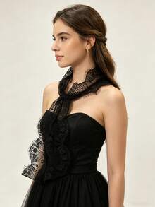 1pc Solid Color Lace Flower Eyelash Lace Ribbon Scarf - Black - View 3