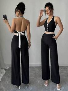 Set de 2 piezas para mujer: Top halter de cuello con recorte de contraste y espalda descubierta, y pantalones con bolsillo - Negro - Ver 1