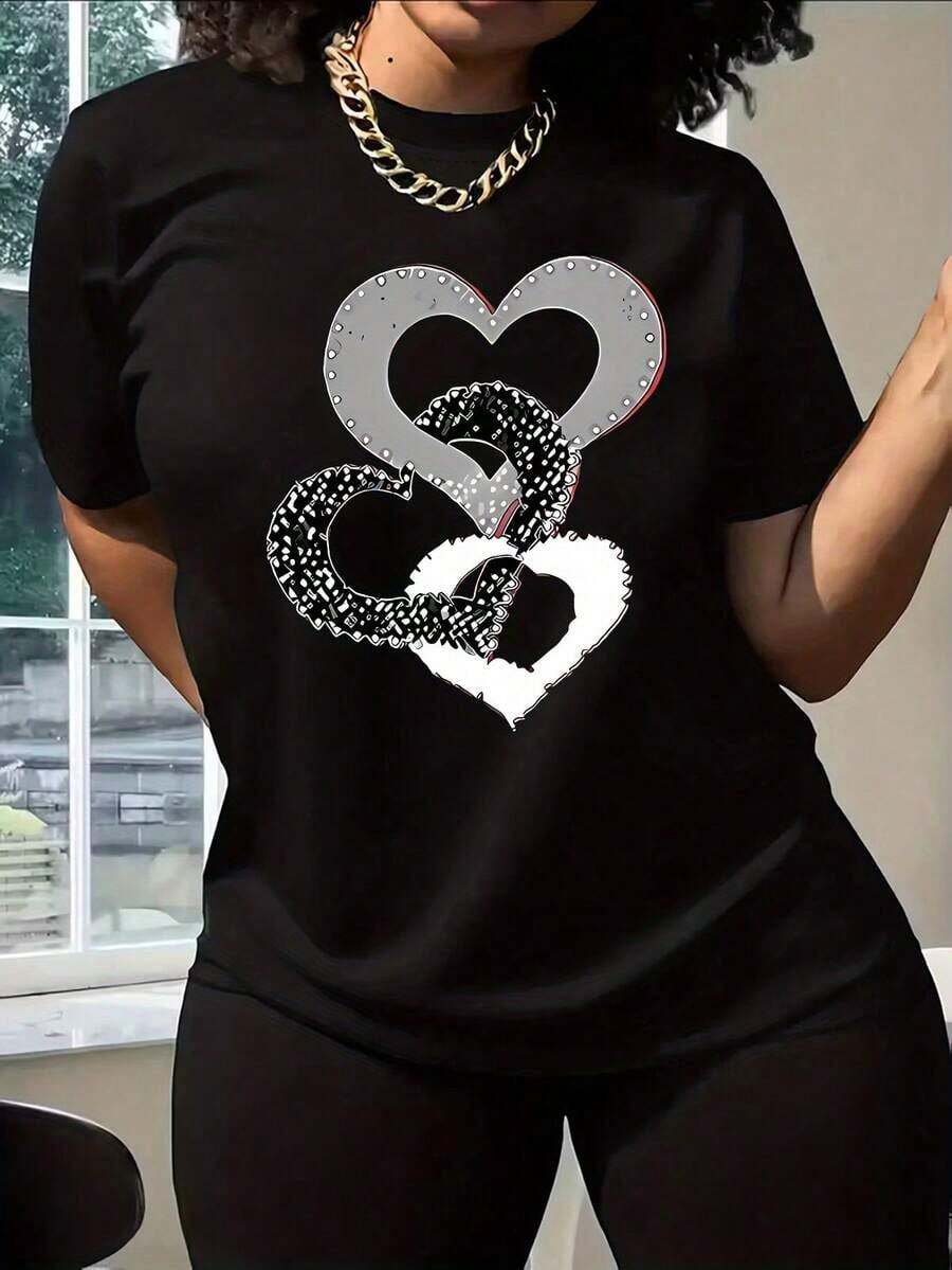 New Women's Casual Summer/Spring T-Shirt, Short Sleeve, Simple And Elegant With Heart Ring Print, Versatile For Daily Wear, Round Neck, Urban Vintage Style, Unisex, Loose Fit, Cotton. - 黑色 - 查看 1