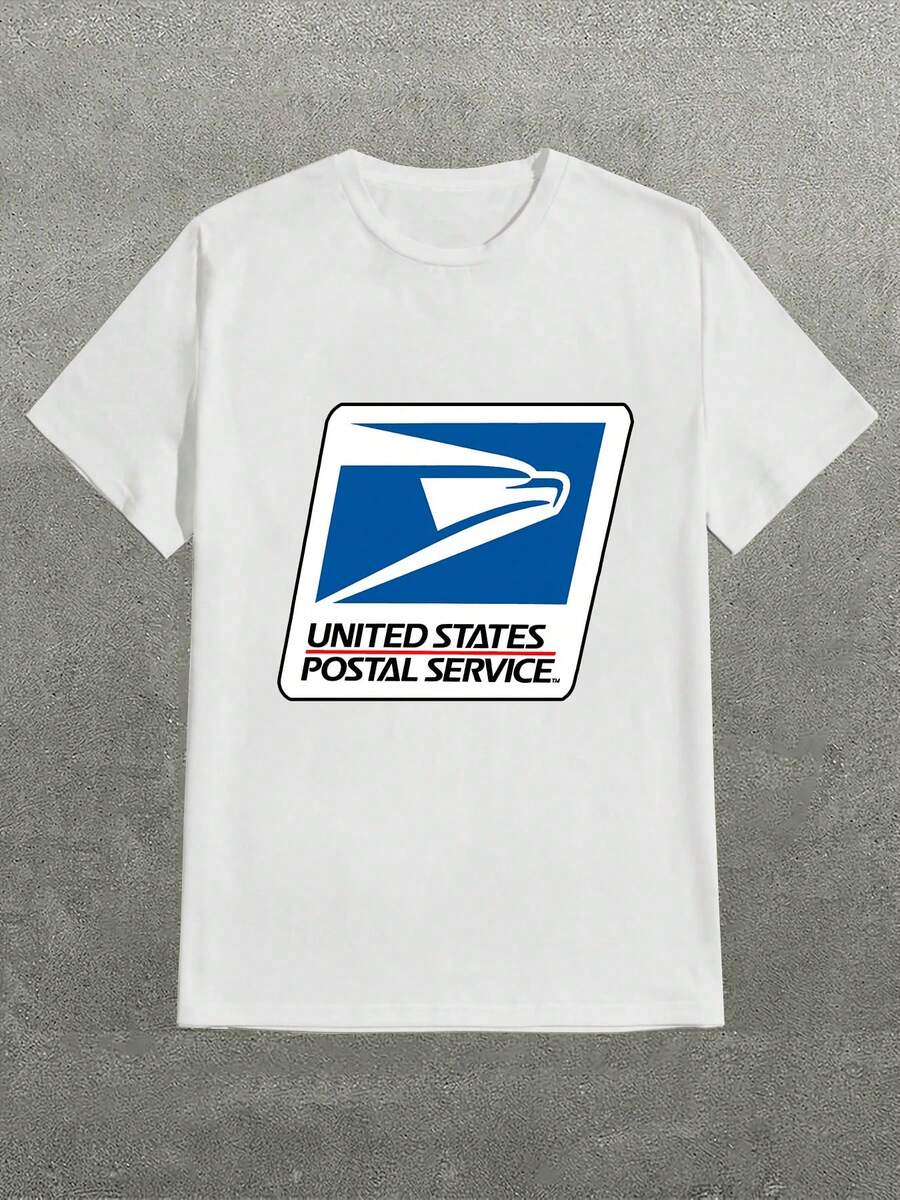1 Piece Pure Cotton Printed T-Shirt With The United States Postal Service (U.S.P.S) Logo, Casual Print, Comfortable And Versatile, With Lettering Design, 180g 100% Cotton. - 白色 - 查看 1