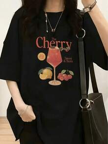 1 Piece Of Women's Fashion T-Shirt, Spring-Summer, With A White Teddy Bear Wearing Fashionable Glasses And Red And Blue Striped Pants, 180g, 100% Cotton. - 黑色 12 - 查看 11