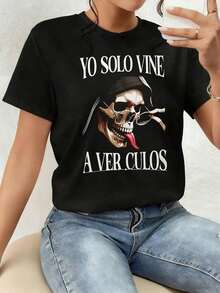 Women's T-Shirt With Skull And Dark Humor - Provocative Slogan, Comfortable Clothing. - 黑色 - 查看 1