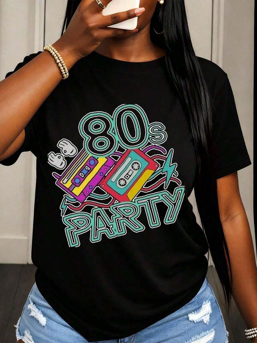 Women's Clothing 80s Party T-Shirt Retro Neon Design With Cassette Tape And Glove Graphic Unisex T-Shirt For 80s Theme Parties Halloween Costume Events Women's Shirts - 黑色 - 查看 1
