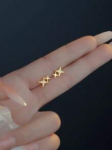 1pair Double Star Shaped Earrings Inlaid With Cubic Zirconia 18k Gold Plated For Women, Perfect Choice For Proposal, Engagement Party Gift - Gold - View 12