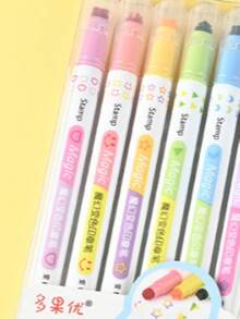 Set de 6 bolígrafos resaltadores y sellos de doble punta, un extremo con marcador fluorescente de colores, el otro extremo con sellos de triángulo, estrella, cara sonriente, luna, corazón y flor, 6 colores macaron frescos, gran capacidad de tinta, escritura suave sin sangrado, impresión de sello clara sin manchas, barril del bolígrafo impreso con patrones correspondientes, tapa de doble uso súper práctica, perfecto para estudiantes y entusiastas del diario - Múltiples estilos - Ver 9