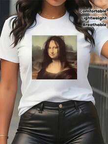 Unique Short-Sleeved T-Shirt For Restaurant Use, Durable Fabric, Comfortable Fit, Stylish Design With Fun Print, Ideal For Everyday Wear, Lightweight And Breathable Women's Top - White - View 1