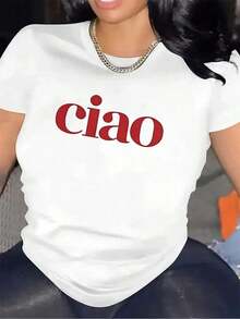 Women's Casual Short Sleeve T-Shirt With "Ciao" Print, Lightweight And Durable For Casual Wear In Restaurants Or Living Rooms. Solid Color Basic Tee Top Blouses For Women. - 白色 - 查看 1