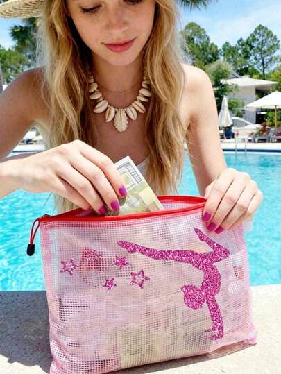 5 Colors Gymnastics Themed Mesh Zipper Pouch, Gymnastics Mesh Cosmetic Bag,33*23.5cm, Lightweight Breathable Waterproof Beach & Travel Storage Bag For Gymnast, Girls, Versatile Organizer For Cosmetics, Toiletries, Swimwear, School Supplies & Daily Essentials, Quick-Drying Mesh Material, Cute Sparkly Gymnast & Stars Print, Perfect For Pool, Vacation, Sports, Gym, Camping & Outdoor Activities, Durable Zipper Closure, Multi-Purpose See-Through Mesh Makeup Bag, Great Gift For Gymnastics Lovers