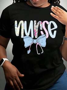 Women's Cotton T-Shirts, Nurse T-Shirt With Floral And Striped Design, Bow And Stethoscope, Gift For Nurses, Health Workers, Medical Professionals, For Nurse's Day Or Career Celebration, Basic Women's Blouses. - 黑色 - 查看 2