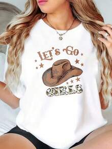 Women's Short Sleeve T-Shirt, Modern And Minimalist Style, With Star Print And Cowboy Hat, White, Suitable For All Seasons, Casual For Daily Wear - 白色 - 查看 7