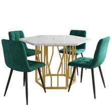 Conjunto de mesa y sillas de comedor (conjunto de 5 piezas), mesa de comedor hexagonal moderna de mármol + 4 sillas de comedor en terciopelo verde para crear un restaurante cálido y moderno, patas de mesa color dorado. - Verde - Ver 3