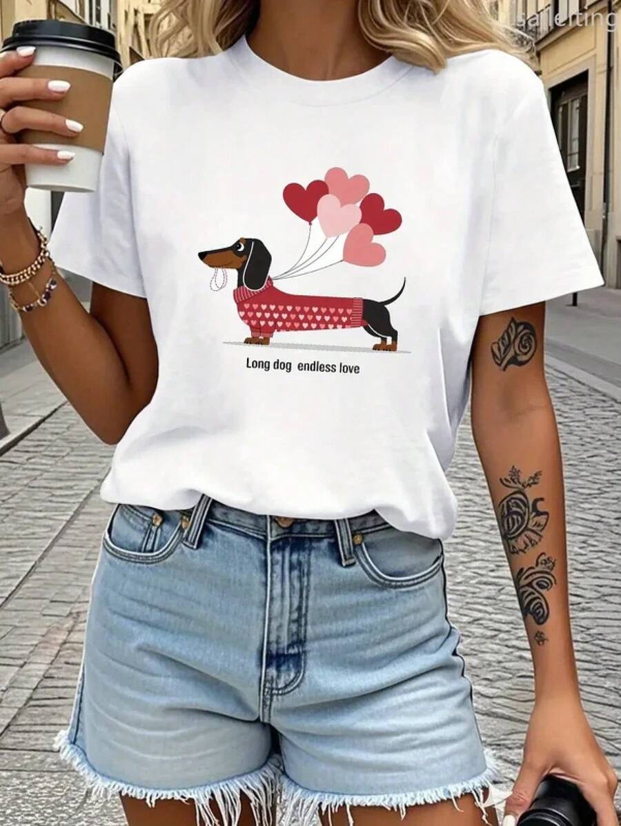 Teediy Women's T-Shirt With Dachshund, Balloons And Infinite Love Print, Harajuku Style, Aesthetic Casual Clothing, Vintage Urban Style, Unisex, Cotton, Short Sleeve, Round Neck, Loose Fit - 白色 - 查看 1