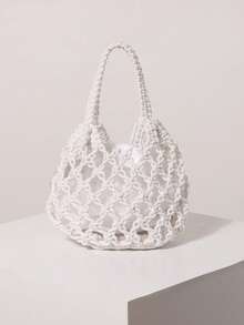 Women's Shell Decor Knitted Mini Handbag, Bohemian Style, Suitable For Beach Vacation, Travel And Summer Holiday, Lightweight Tote Bag, Suitable For Girls And Ladies, Beach Essential - White - View 7
