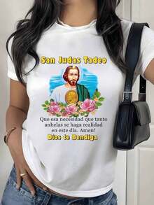 100% Cotton. Figure Of Tadeo With The Message "Bless Your Wishes" And Symbolizes Faith, Hope, And Divine Protection With Colorful Flowers. Women's 100% Cotton Simple Solid Color T-Shirt, Loose And Slim Fit Casual Short Sleeve - 白色的 - 查看 1