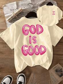New 2026 Collection: Women's Double-Sided Printed Cotton T-Shirt - Pink Bubble Print With The Phrase "God Is Kind", For Summer And Spring, Women's Clothing, Comfortable And Practical, Short-Sleeved T-Shirt With Round Neck And Loose Fit. - 杏色 - 查看 12