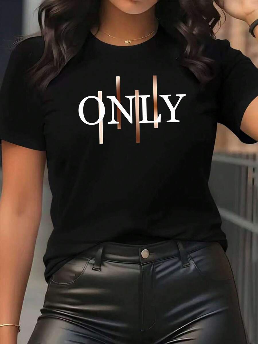 Artistic Letter Print - Elegant And Stylish - Women's Crew Neck T-Shirt, Casual Short Sleeve Sporty, Sizes S-XXL, Various Colors Available - 黑色 - 查看 1