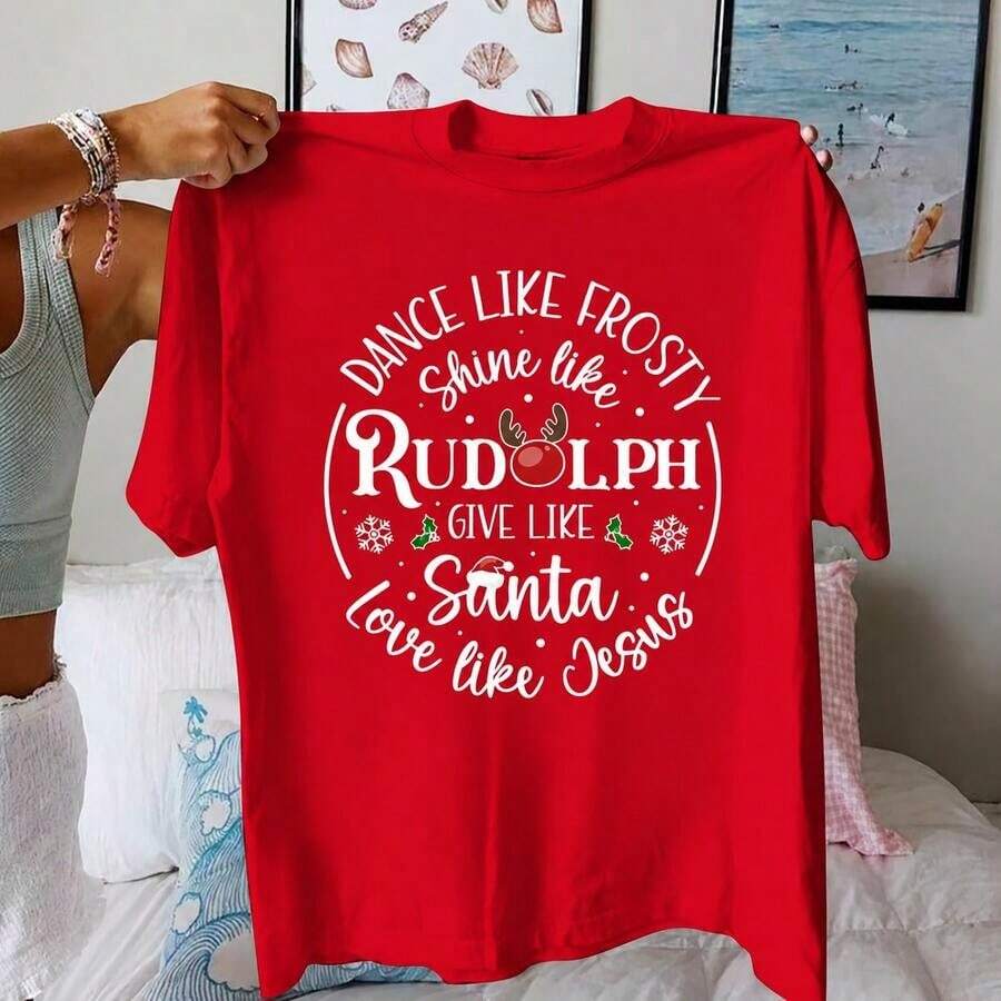 Gift - Short-Sleeved T-Shirt With Christmas-Themed Letter Print, Oversized Round Neck, Casual Women's Clothing, Suitable For Summer And Spring, Soft. - 紅色 - 查看 1
