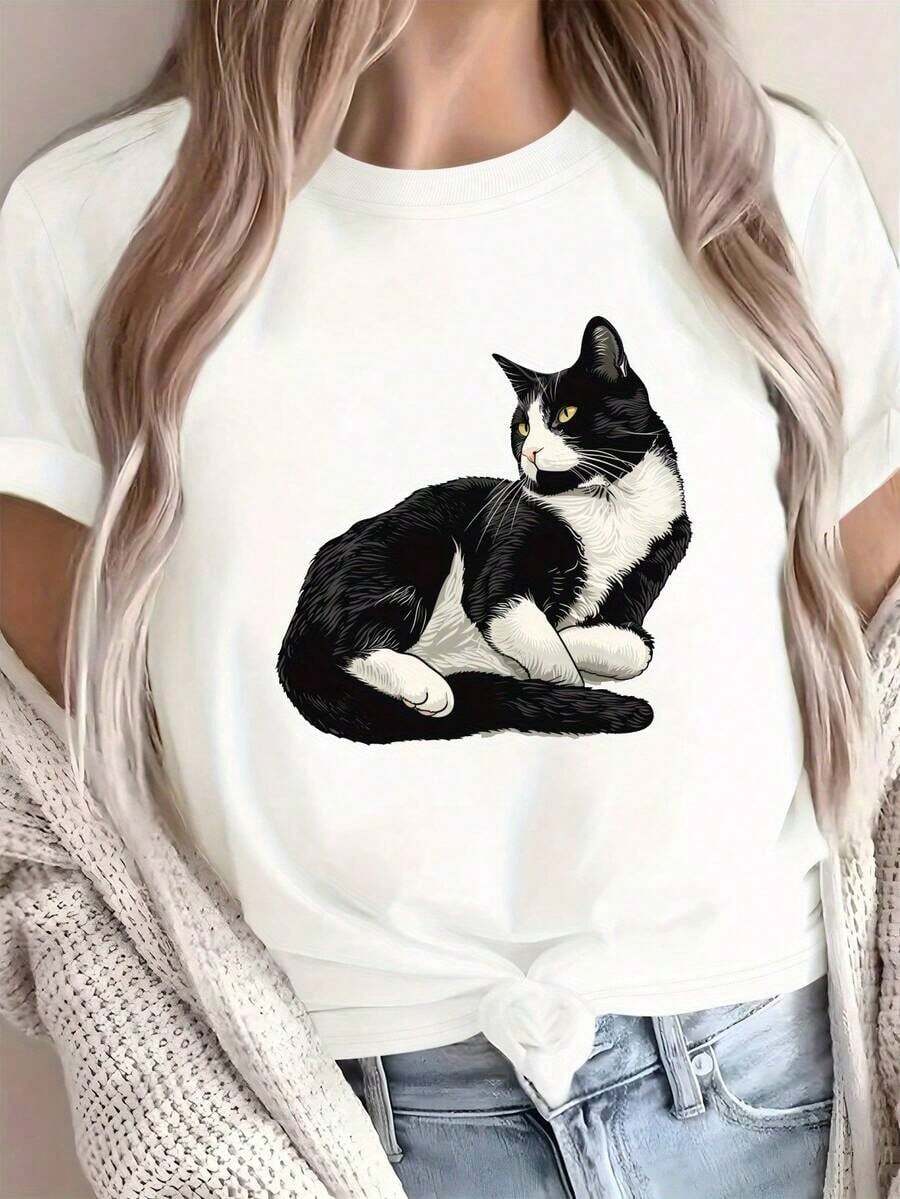 Gift: 1 Piece Of Comfortable Women's Shirt, Made Of Soft 100% Cotton Fabric, With A Detailed Illustration Of A White Cat. - 白色的 - 查看 1