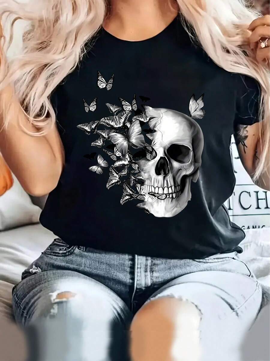 Women's Casual T-Shirt With Butterfly And Skull Print, Summer Clothes, Cute Outfit, Ideal For Gifting, Comfortable And Breathable, Affordable And Adorable, New Casual T-Shirt For Women - 黑色 - 查看 1