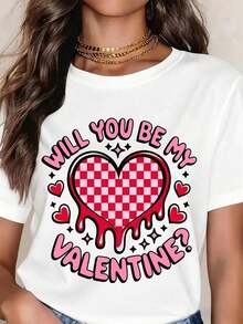 Round Neck T-Shirt With Heart Print And The Text 'Will You Be My Valentine?' For Valentine's Day. Women's T-Shirts. - 白色 - 查看 1
