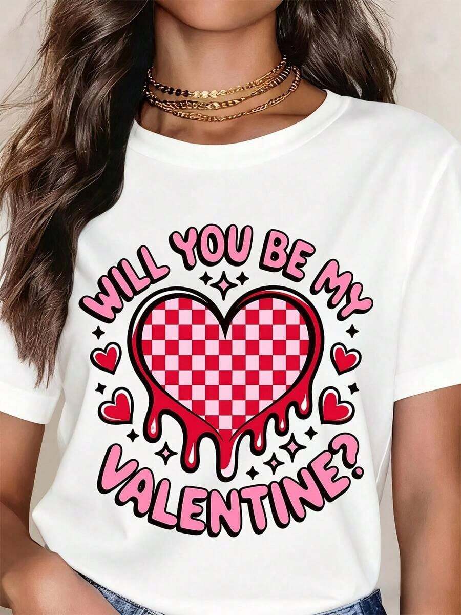 Round Neck T-Shirt With Heart Print And The Text 'Will You Be My Valentine?' For Valentine's Day. Women's T-Shirts. - 白色 - 查看 1