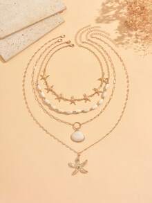 4pcs/Set Handmade Beaded Bohemian Style Necklace, Fashion Versatile Starfish & Shell Pendant, Suitable For Daily Wear, Travel And Party, Adjustable Chain Length - Multicolor - View 2