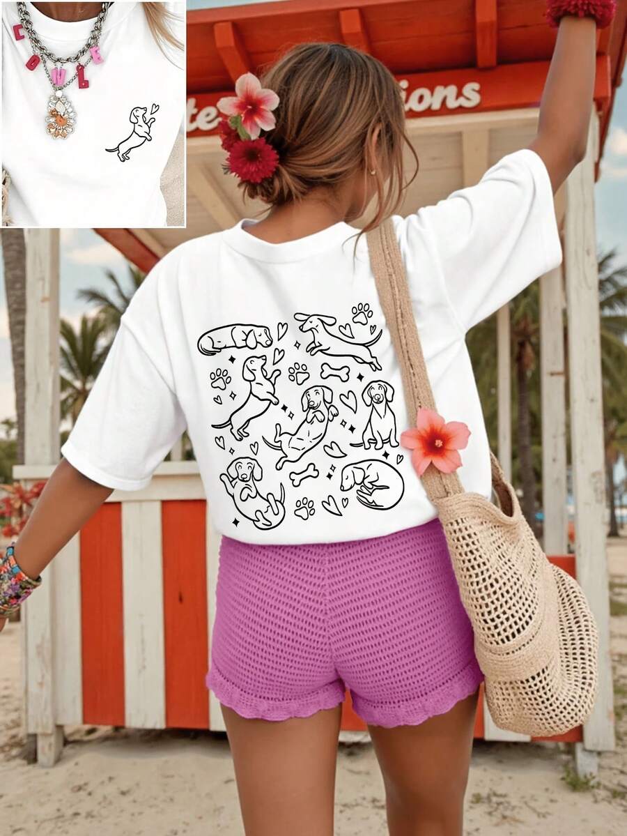 Women's T-Shirt With Dachshund Print - Cute Basic Short-Sleeved Crew Neck T-Shirt With A Dachshund And Heart Print, Suitable For Casual Spring, Summer, And Autumn Wear, Machine Washable Gift For Dachshund Lovers - 白色 - 查看 1