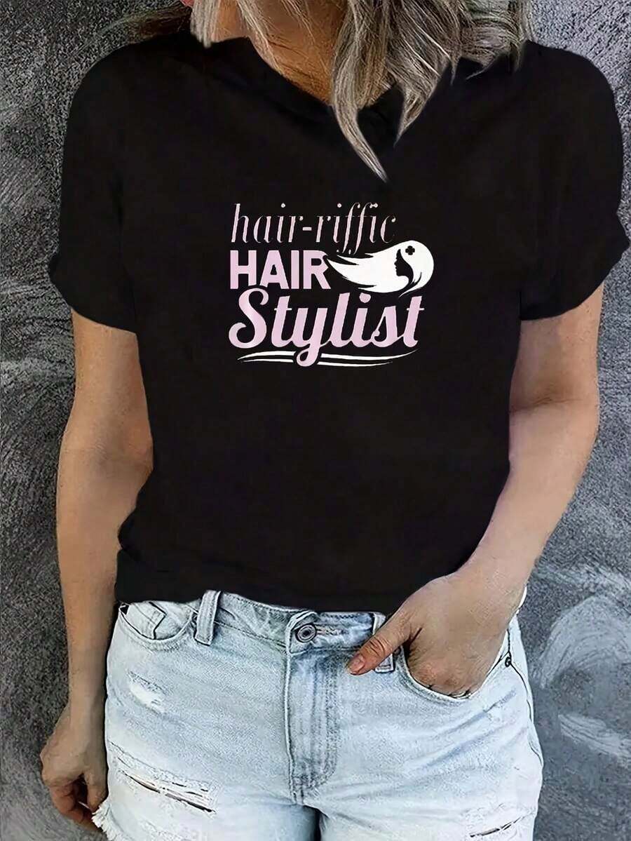 Women's Black And White Stylist Graphic T-Shirt - Professional Salon T-Shirt With Hairdresser Text, Lightweight Everyday And Work T-Shirt For Stylists And Barbershops - Easy Care Crew Neck T-Shirt, Barber Shop Apparel, Casual Wear, Geometric Pattern T-Shirt, Durable Print T-Shirt - 黑色 - 查看 1