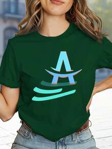 Women's T-Shirt With The Letter A And A Wave Design. | Suitable For Casual Wear In Spring And Summer, A Great Gift For Fashionable Women, Vintage Style, Breathable, Casual - Crew Neck, Regular Fit - Machine Washable, Printed T-Shirt Suitable For All Occasions. 5L3G - 綠色 - 查看 1