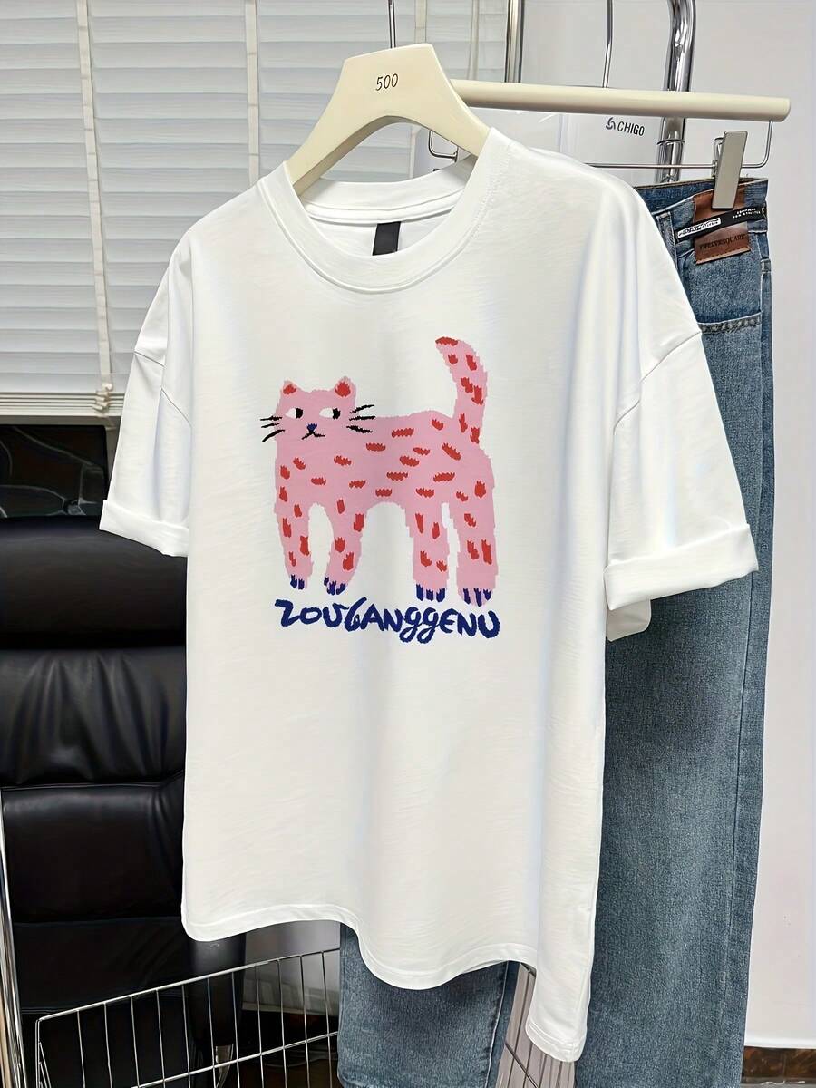 Women's Y2K K-Drama Oversized T-Shirt With Cute Kitten Print - Short Sleeve Crew Neck Blouse, Korean Style, Loose Fit For Casual Outfits, New Arrival 2025 - 白色 - 查看 1