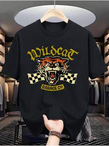 [Crazy Tiger Racing] Men's Casual T-Shirt With Digital Print - Polyester, Crew Neck, Short Sleeve, Urban Hip-Hop Style, European And American Summer Style, Sporty Style, Minimalist INS Letter Print / Collection Of Sporty Patterns With Religious-Style Lettering / Loose Fit And Soft To The Touch / The Ideal Choice For Gifts - 黑色 - 查看 1
