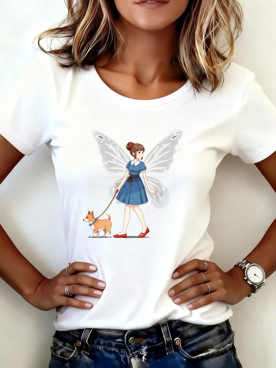 Camiseta Estampada para Mujer con Gráfico de Perro Hada de Cuento de Hadas - Camiseta Casual de Manga Corta y Cuello Redondo en Blanco, Corte Relajado para Todas las Estaciones, Perfecta para el Uso Diario o Atuendos de Vacaciones (Lavable aáquina). - Blanco - Ver 1