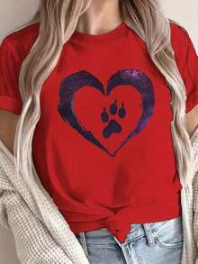 1 Piece Fashion Casual For Men And Women: Pure Cotton Women's T-Shirt With Pet Design - Heart-Shaped Paw Print, Casual Crew Neck, Comfortable Fit, Suitable For Both Dogs And Their Owners. QAGB Is Versatile, Easy To Match, Suitable For Everyday Wear, Street Style, Vacation Outfits, And Weekend Wear. - 紅色的 - 查看 1