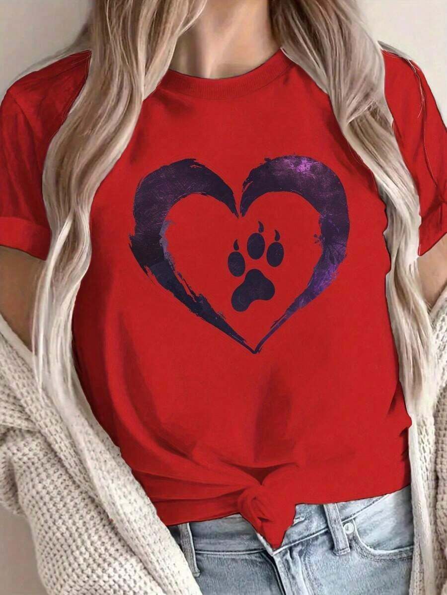 1 Piece Fashion Casual For Men And Women: Pure Cotton Women's T-Shirt With Pet Design - Heart-Shaped Paw Print, Casual Crew Neck, Comfortable Fit, Suitable For Both Dogs And Their Owners. QAGB Is Versatile, Easy To Match, Suitable For Everyday Wear, Street Style, Vacation Outfits, And Weekend Wear. - 紅色的 - 查看 1
